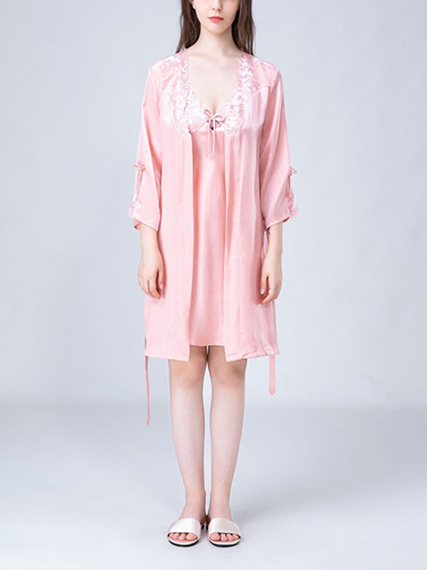 Pink Embroidery Lace Nightdress and Robe Set