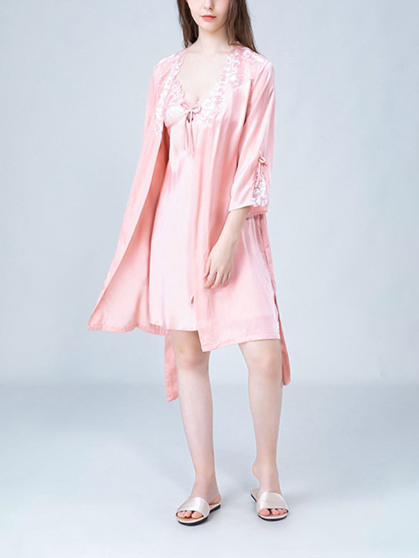 Pink Embroidery Lace Nightdress and Robe Set