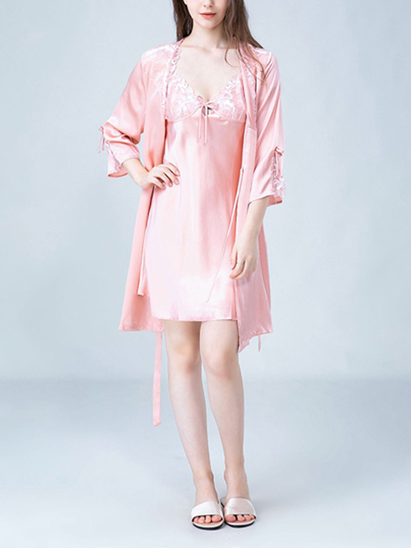 Pink Embroidery Lace Nightdress and Robe Set