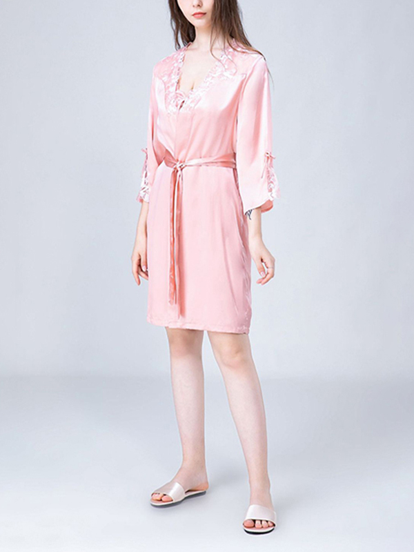 Pink Embroidery Lace Nightdress and Robe Set