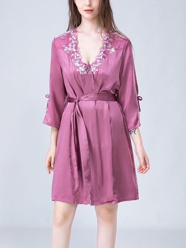 Purple Embroidery Lace Nightdress and Robe Set