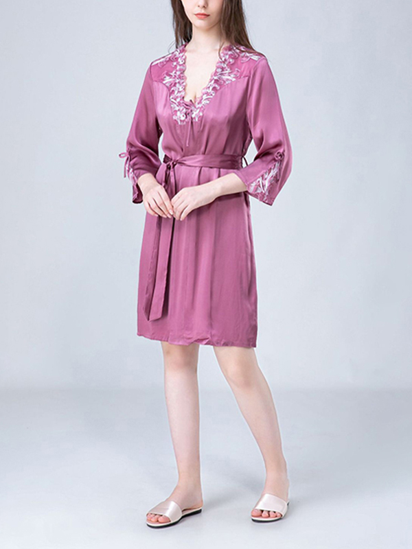 Purple Embroidery Lace Nightdress and Robe Set