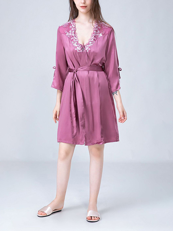 Purple Embroidery Lace Nightdress and Robe Set