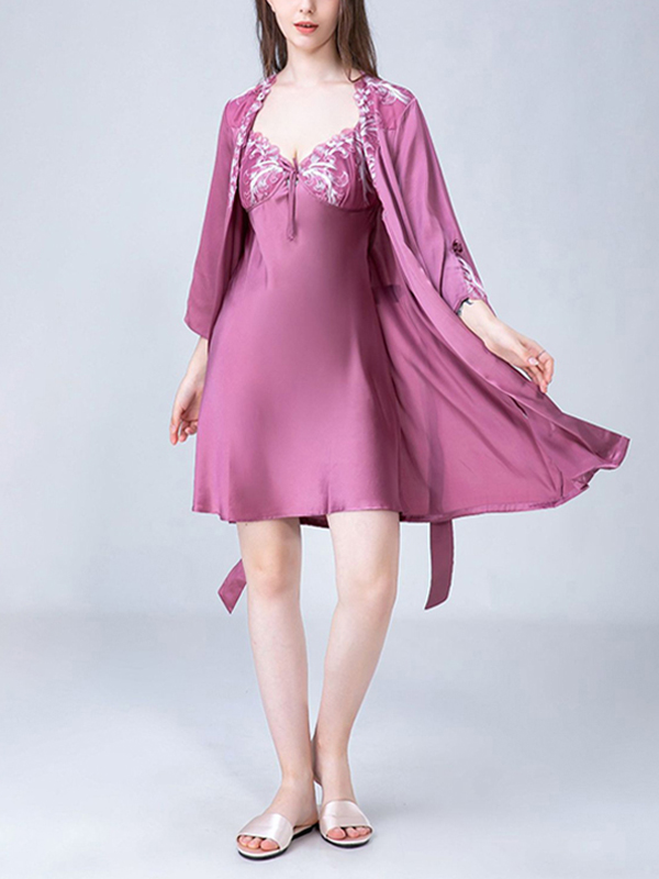 Purple Embroidery Lace Nightdress and Robe Set