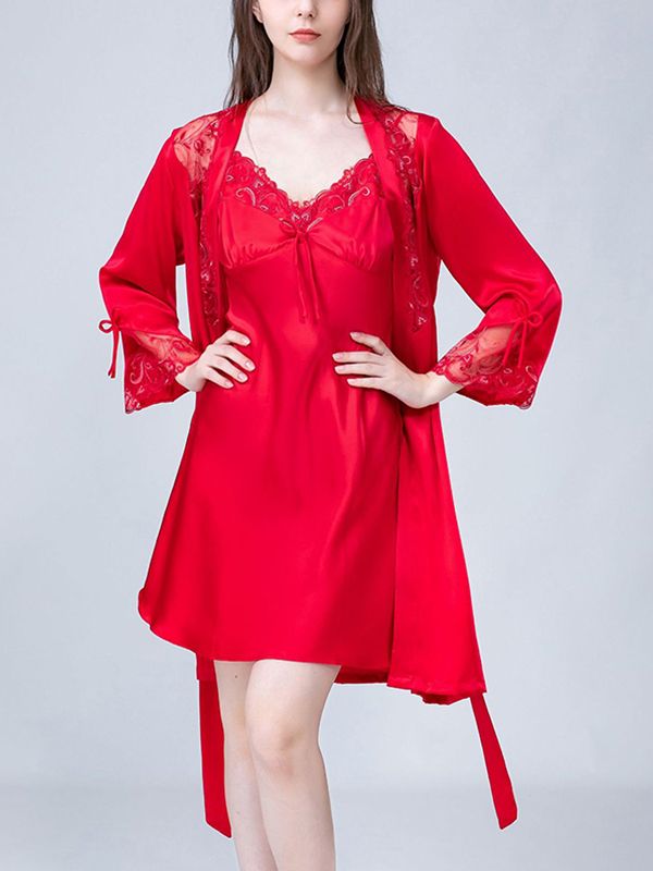 Red Floral Lace Detailed Robe Set