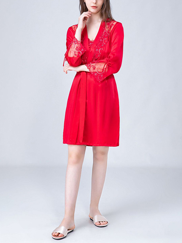 Red Floral Lace Detailed Robe Set