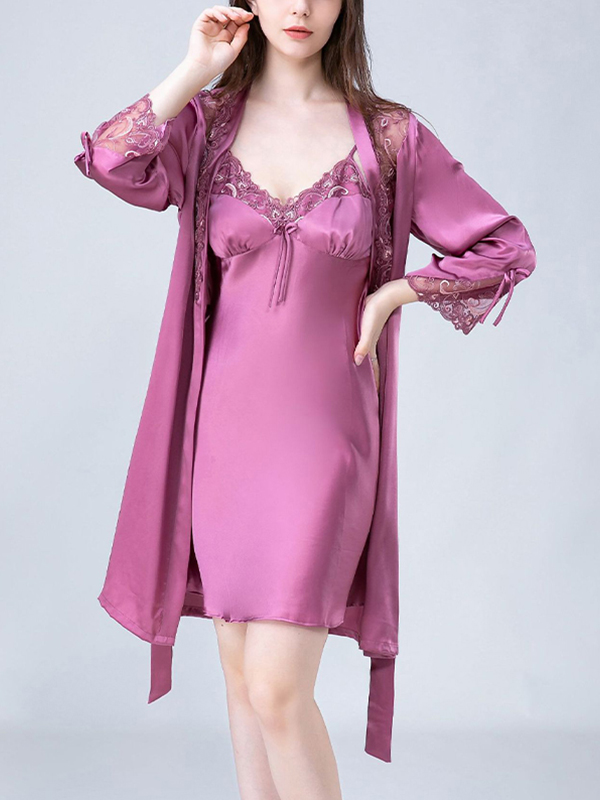 Purple Floral Lace Detailed Robe Set