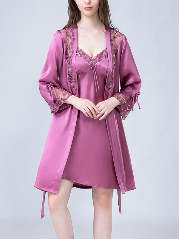 Purple Floral Lace Detailed Robe Set