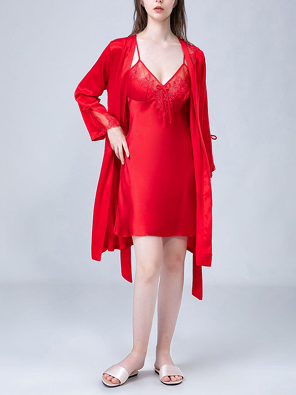 Red Floral Hollow Out Lace Nightdress and Robe Set