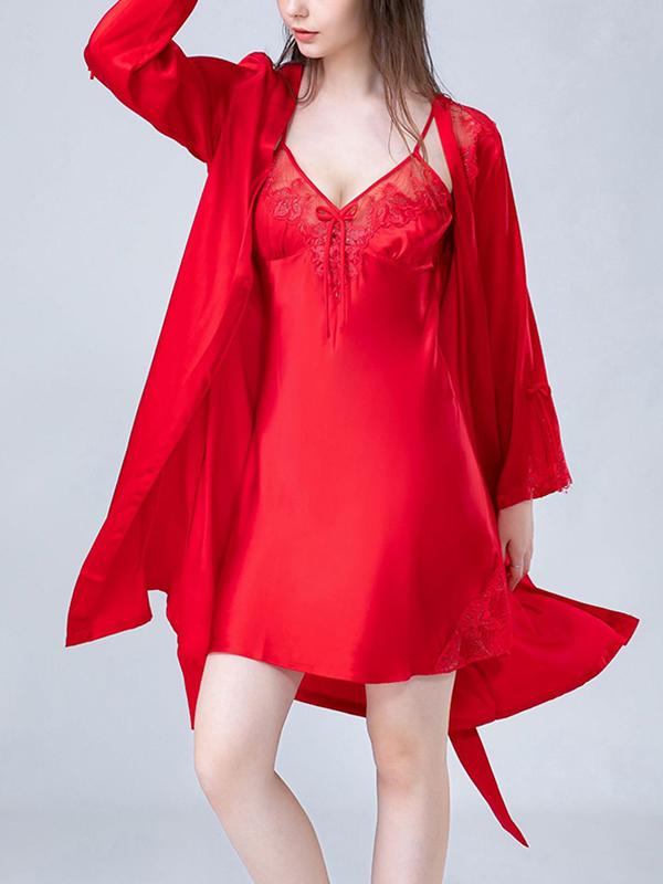 Red Floral Hollow Out Lace Nightdress and Robe Set