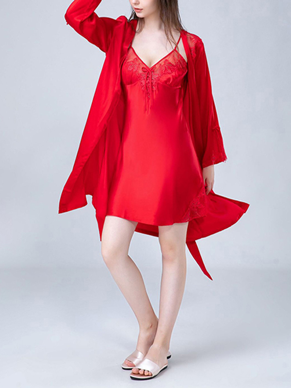 Red Floral Hollow Out Lace Nightdress and Robe Set