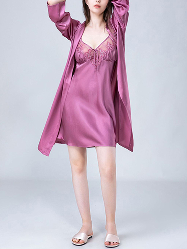 Purple Floral Hollow Out Lace Nightdress and Robe Set