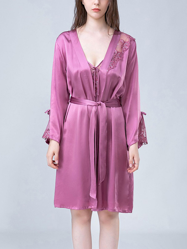 Purple Floral Hollow Out Lace Nightdress and Robe Set