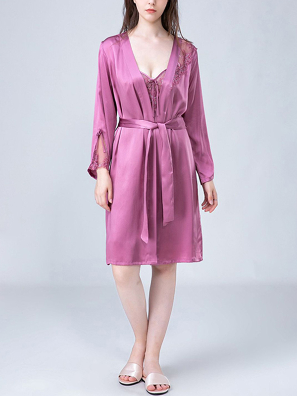 Purple Floral Hollow Out Lace Nightdress and Robe Set