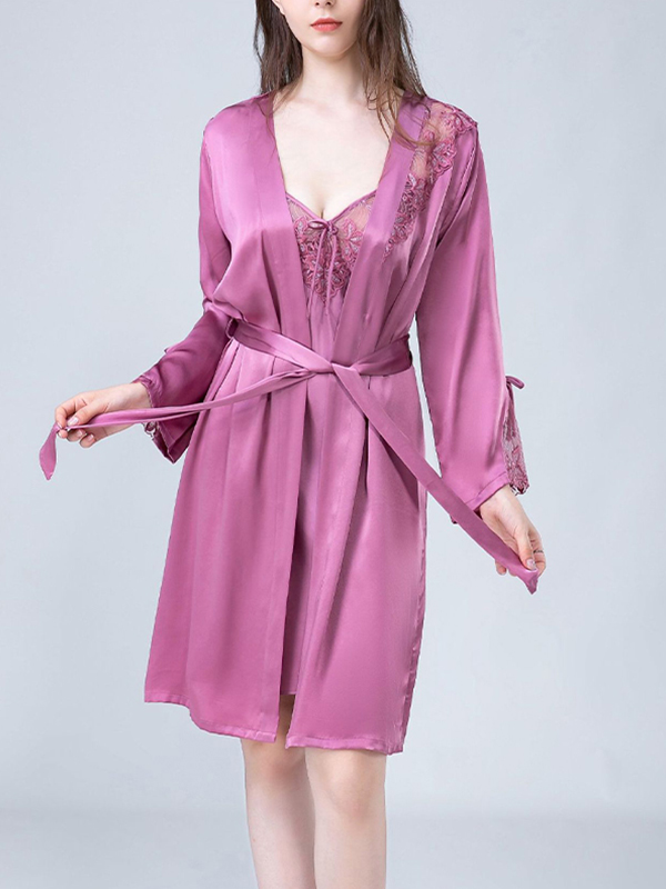 Purple Floral Hollow Out Lace Nightdress and Robe Set