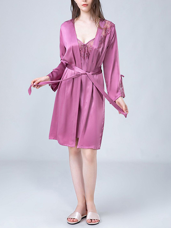 Purple Floral Hollow Out Lace Nightdress and Robe Set