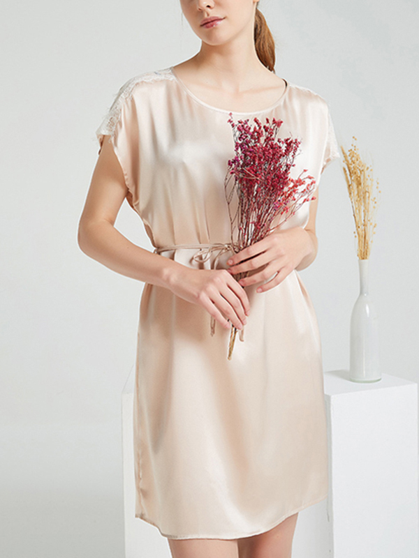 Apricot Round Neck Silk Nightdress with Lace Detail