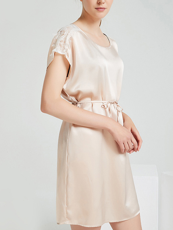 Apricot Round Neck Silk Nightdress with Lace Detail