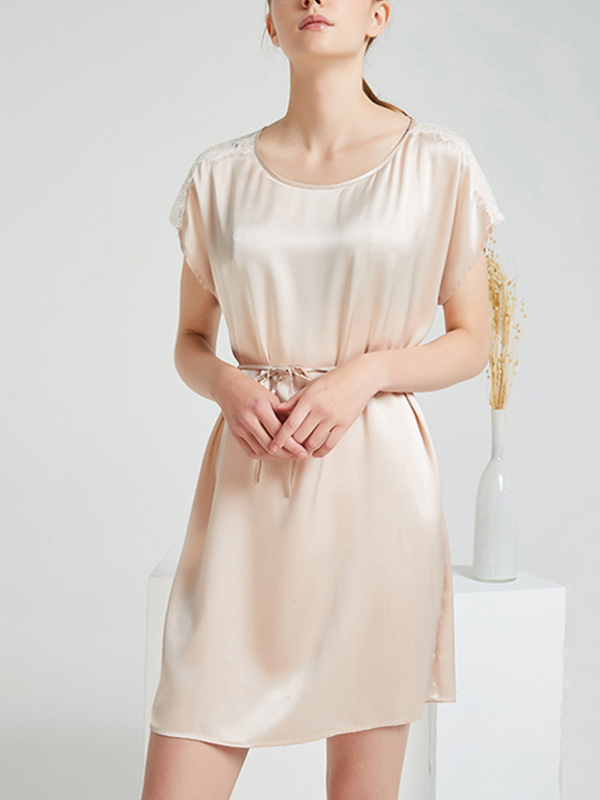 Apricot Round Neck Silk Nightdress with Lace Detail