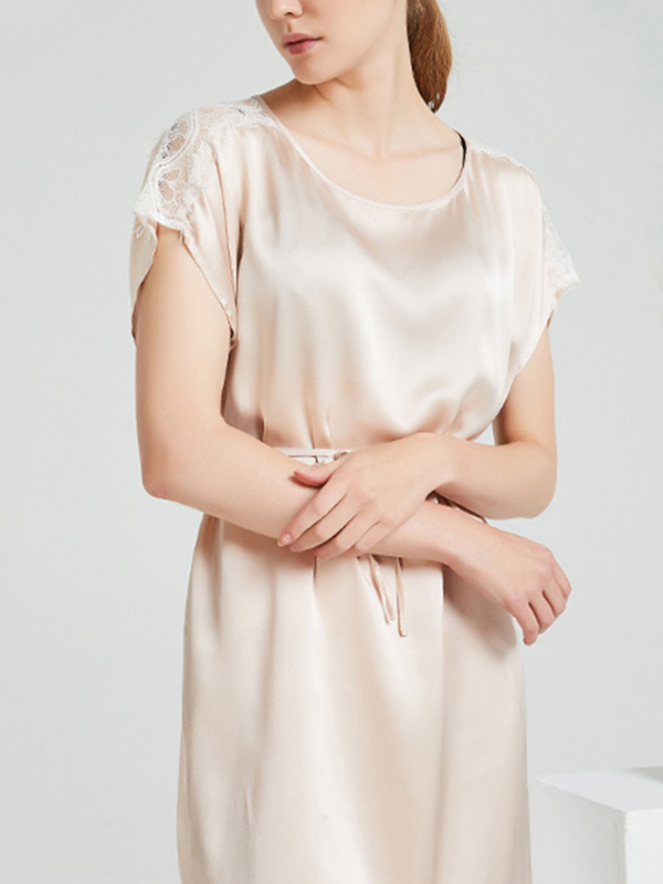 Apricot Round Neck Silk Nightdress with Lace Detail