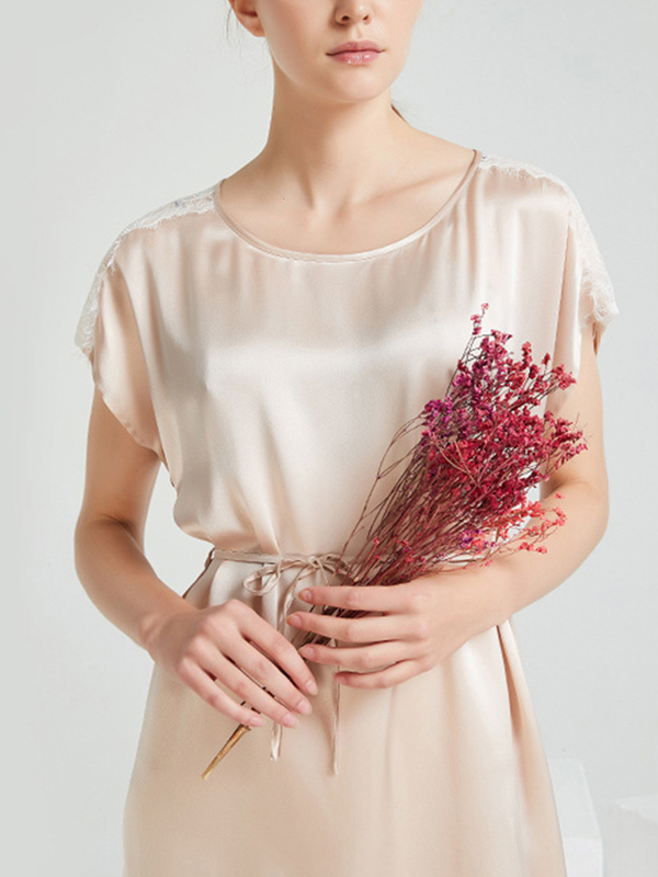 Apricot Round Neck Silk Nightdress with Lace Detail