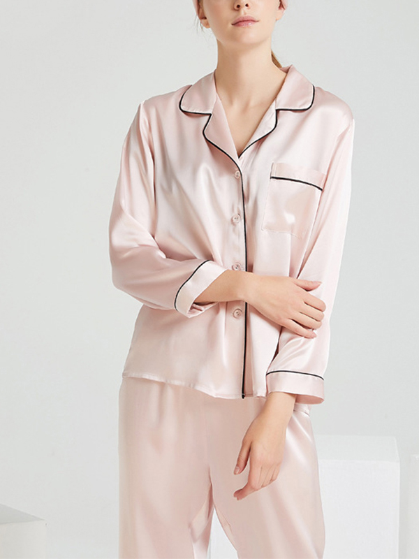 Pink Classic Trimmed Silk Pajama Set