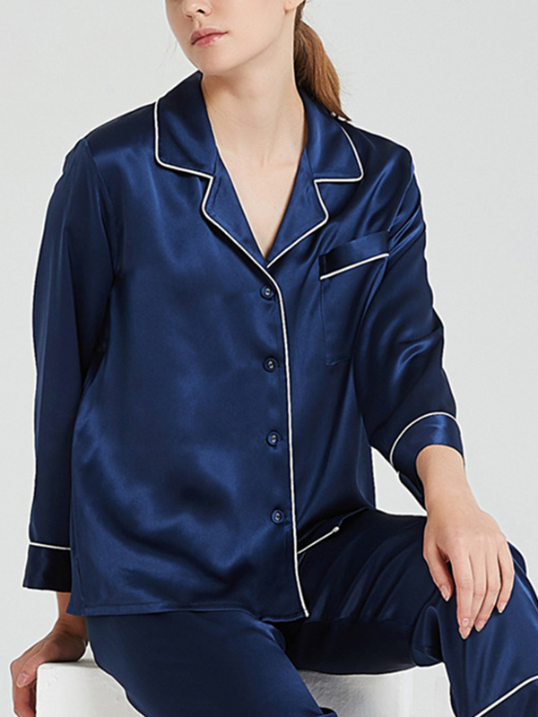 Navy Blue Classic Trimmed Silk Pajama Set