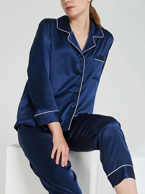 Navy Blue Classic Trimmed Silk Pajama Set