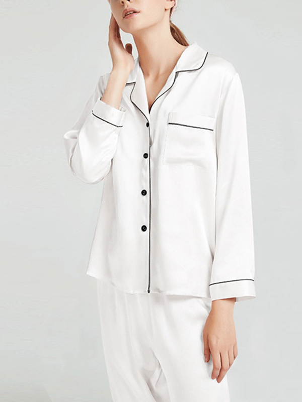 White Classic Trimmed Silk Pajama Set