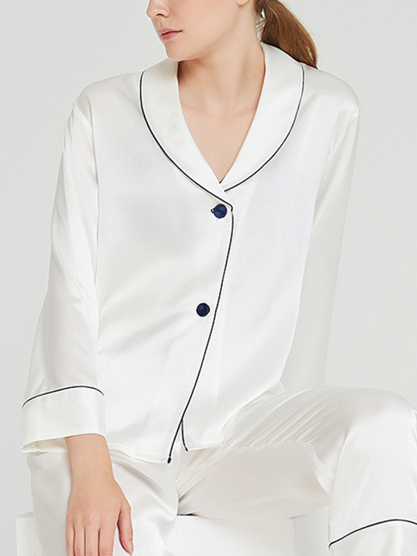 White Shawl Collar Trimmed Silk Pajama Set