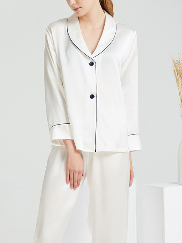 White Shawl Collar Trimmed Silk Pajama Set