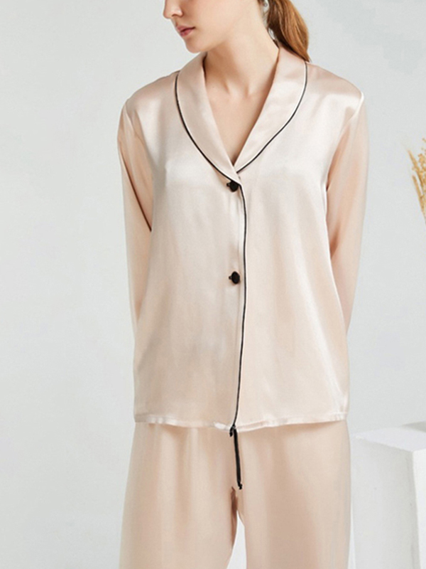 Beige Shawl Collar Trimmed Silk Pajama Set