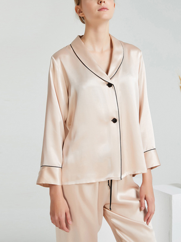 Beige Shawl Collar Trimmed Silk Pajama Set