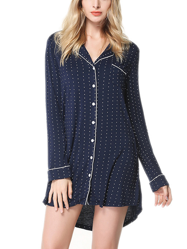 Navy Polka Dots Printed Trimmed Sleepshirt