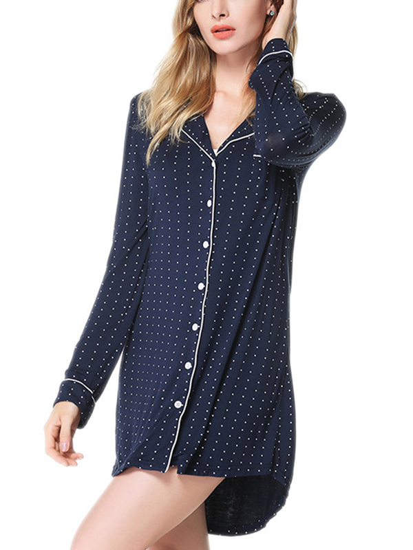 Navy Polka Dots Printed Trimmed Sleepshirt