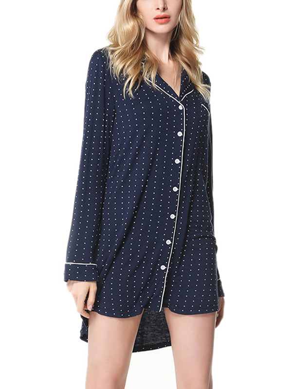 Navy Polka Dots Printed Trimmed Sleepshirt