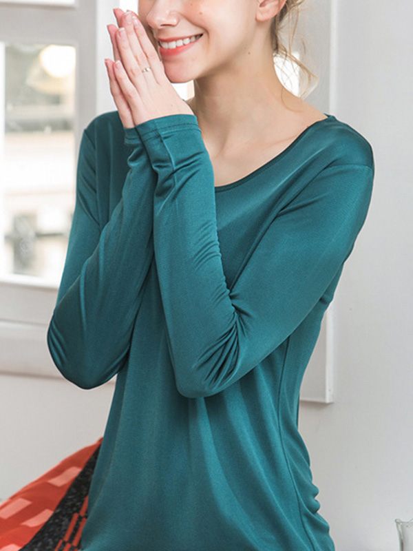 Dark Green Round Neck Silk T-shirt