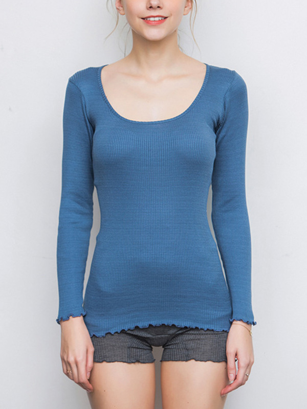 Grayish Blue Scoop Neck Silk T-shirt