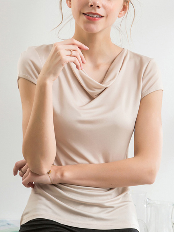 Nude Pile Collar Short Sleeves Silk T-shirt