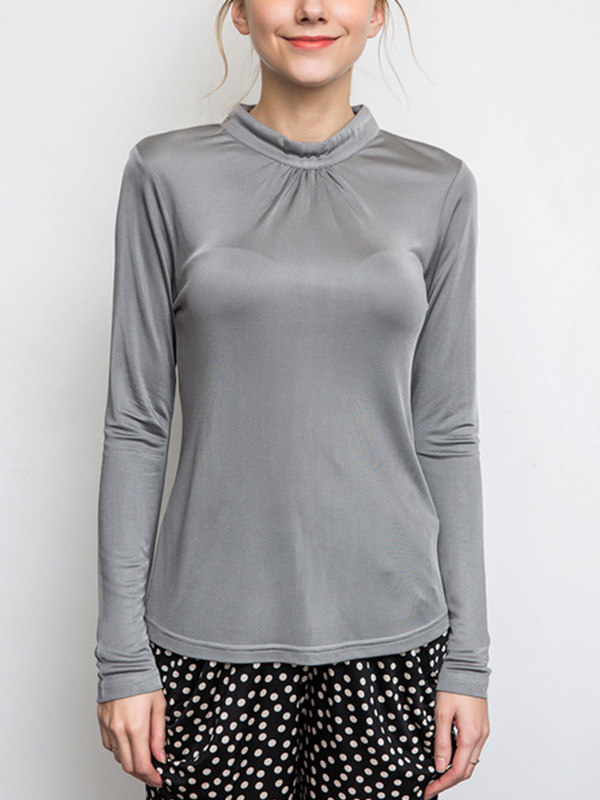 Grey Stand Collar Silk T-shirt