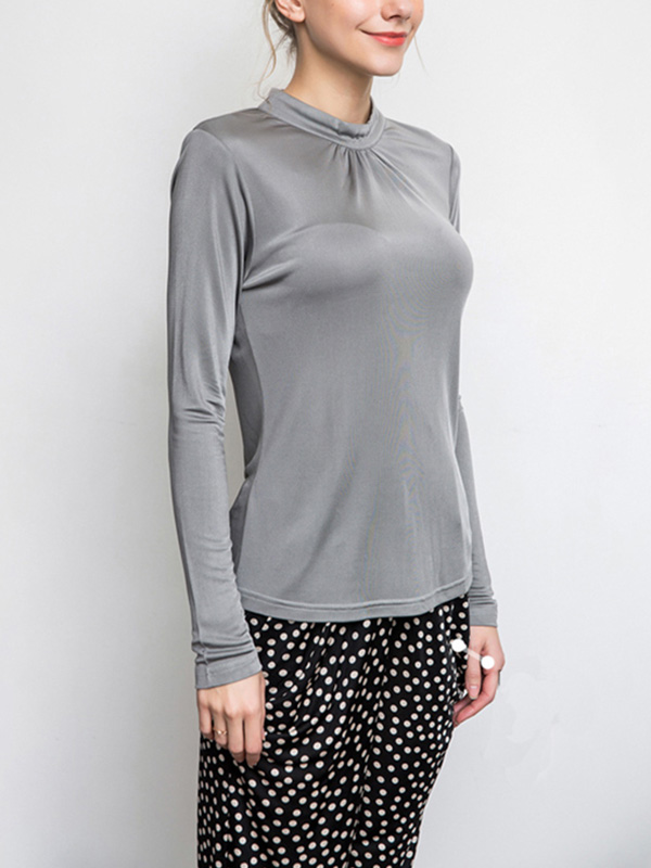 Grey Stand Collar Silk T-shirt