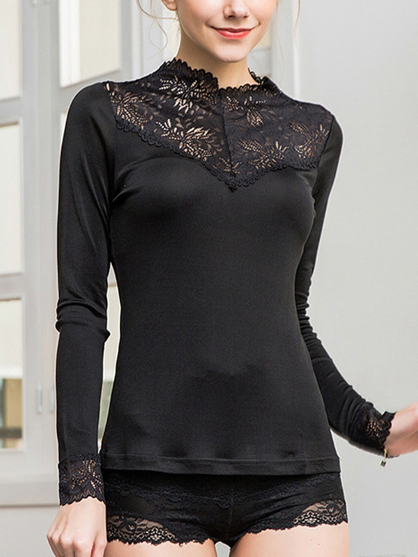 Black Stand Collar Silk Shirt with Lace Detail